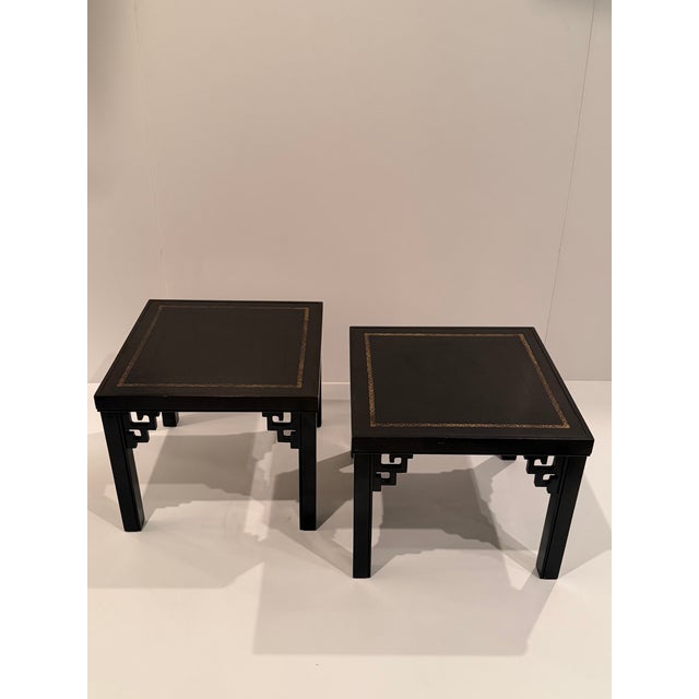 Wood Black Tooled Leather & Gold Embossed End Tables- A Pair For Sale - Image 7 of 9