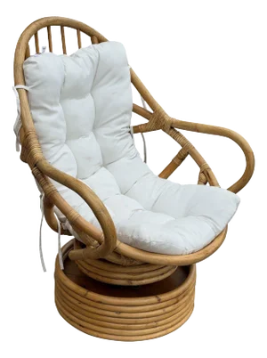 1970s Restored Swivel Bucket Lounge Chair on Stacked Rattan Pedestal Base