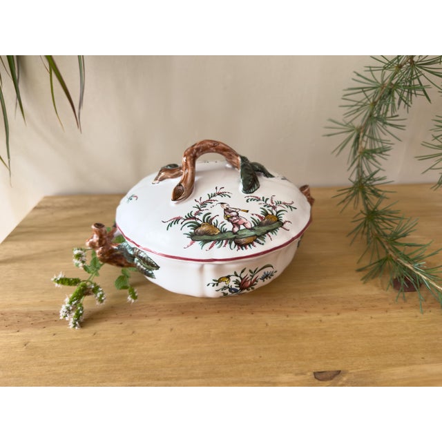 Vintage French Lallier Moustiers Faience Lidded Bowl With Branch Handles For Sale - Image 6 of 17