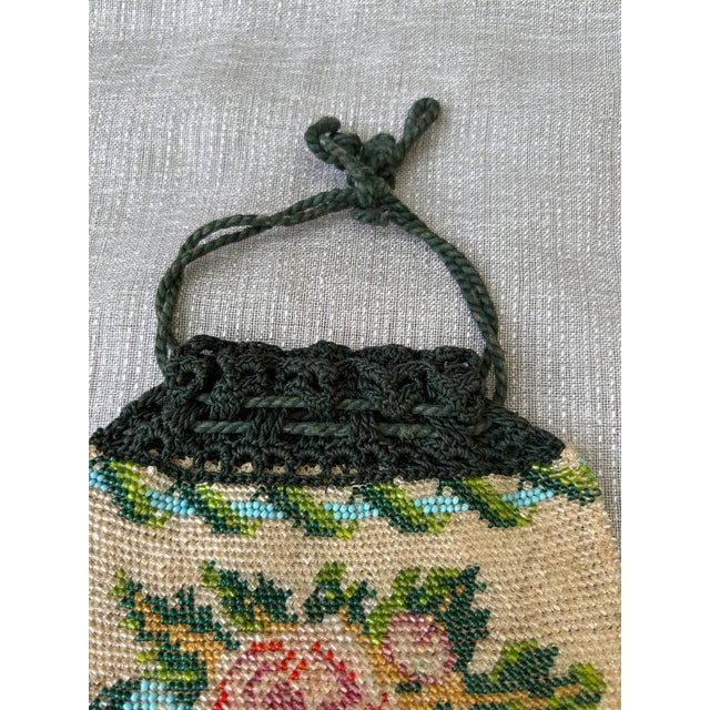 Antique White Antique Micro Beaded Floral Drawstring Purse For Sale - Image 8 of 18
