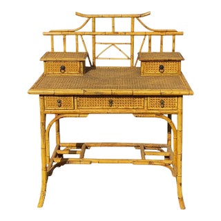 Palm Beach Chic Bamboo & Cane Chinoiserie Pagoda Form Desk For Sale