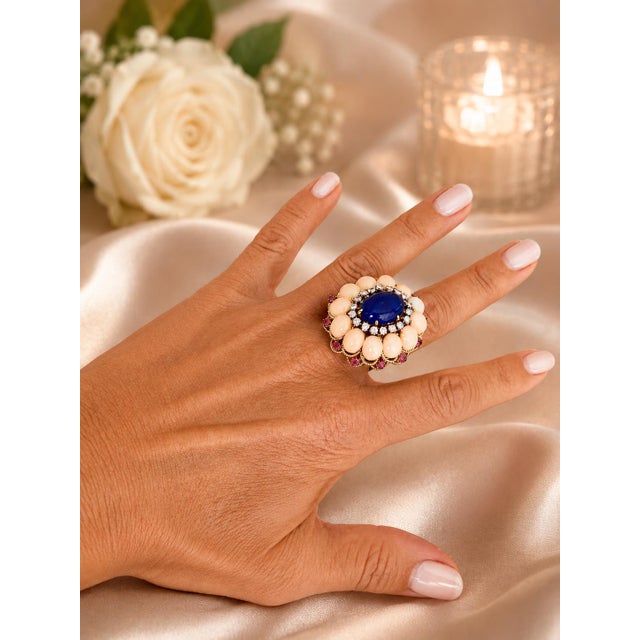 Italian 18k Gold Lapis, Coral, Ruby & Diamond Cocktail Ring, 1970s, Size 7 For Sale - Image 17 of 18