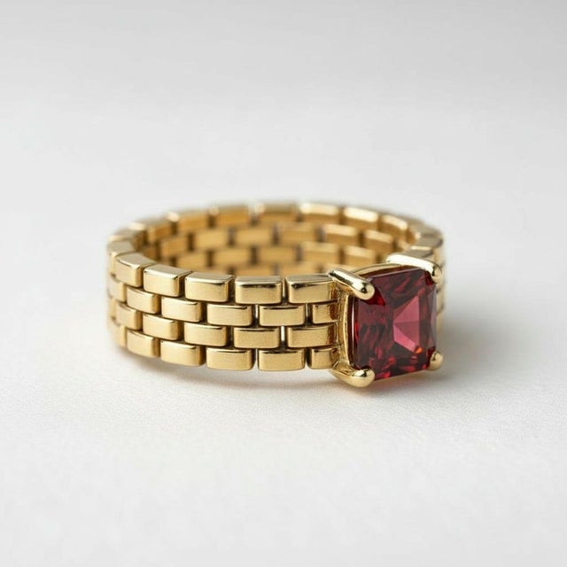 Watch Band Shaped Ring with garnet for Men, silver, gold. Men’s Garnet Watch Band Ring, Gold Plated Silver Statement Ring,...