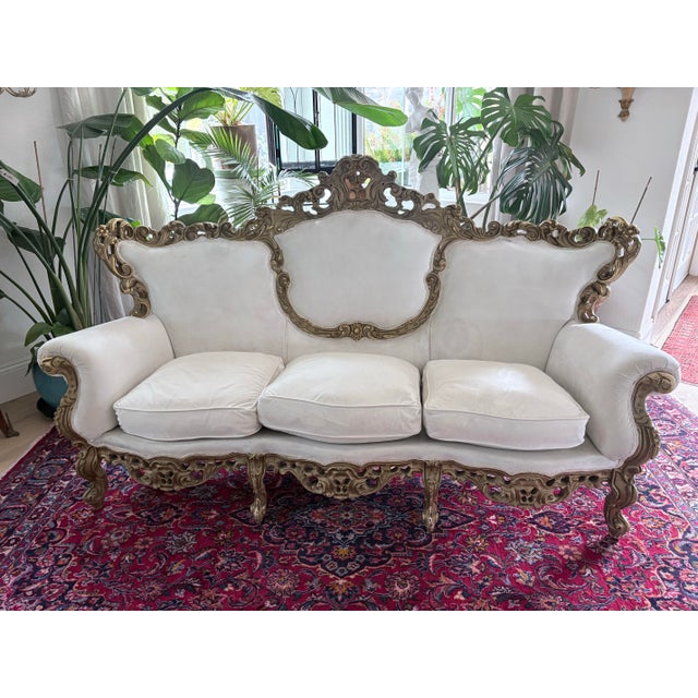 Late 20th Century Rococo Revival Louis XV Style Carved Sofa With Ivory Upholstery For Sale - Image 12 of 12