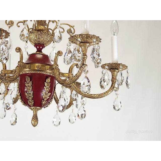 Antique 6 Light Shimmering Oxblood Empire Brass Cut Lead Crystal Chandelier ~ Rewired ~ Restored ~ Rejuvenated ~ Ready to Hang ~ For Sale - Image 9 of 12