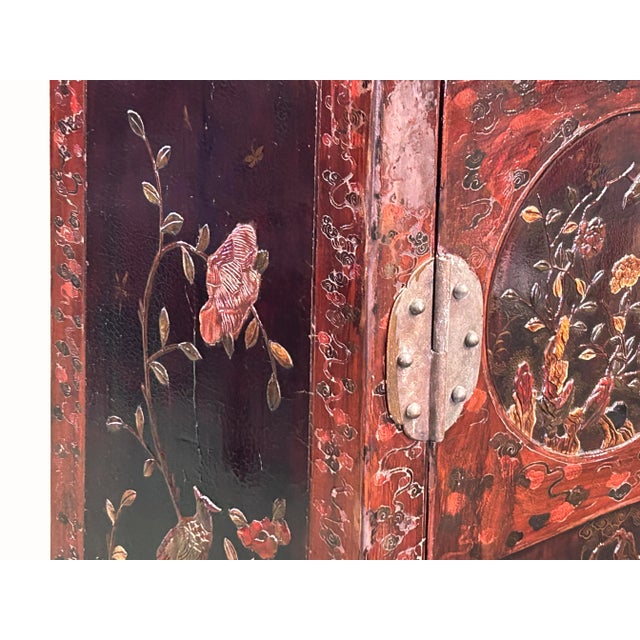 Vintage Chinoiseries Brick Red & Stone Inlay Graphic Credenza Cabinet For Sale In San Francisco - Image 6 of 11