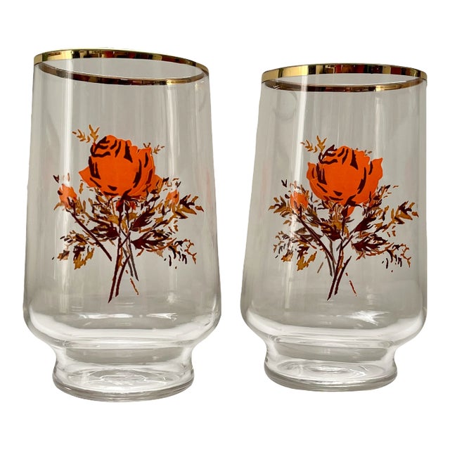 Mid 20th Century Libbey Gold Trimmed Rose Blossom Juice Glasses- a Pair For Sale