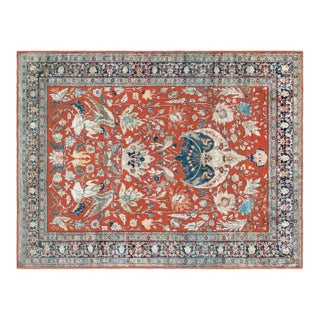 19th Century Persian Tabriz Silk Red and Navy Blue Rug For Sale