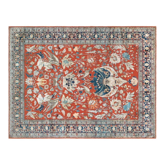 19th Century Persian Tabriz Silk Red and Navy Blue Rug For Sale