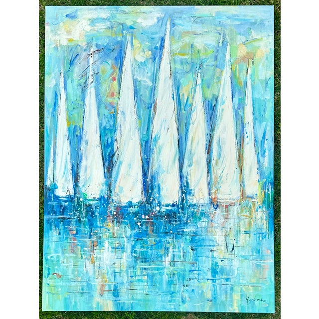 Contemporary Abstract Sailboats, Contemporary Original Oil Painting on Canvas, Unframed For Sale - Image 3 of 4