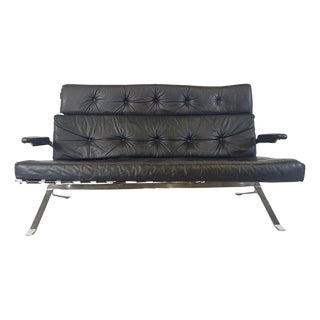 Vintage Black Leather and Chrome Sofa, 1970s For Sale