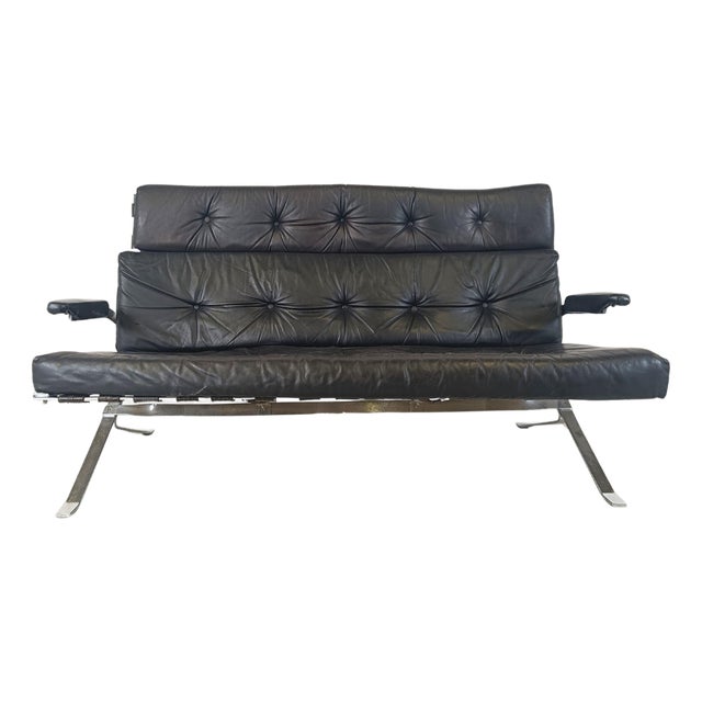 Vintage Black Leather and Chrome Sofa, 1970s For Sale
