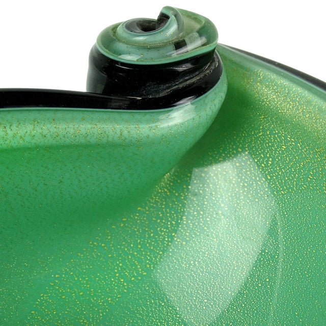 Mid-Century Modern Murano Barbini Vintage Black Over Green Gold Flecks Italian Art Glass Scroll Shell Bowl Ashtray For Sale - Image 3 of 7