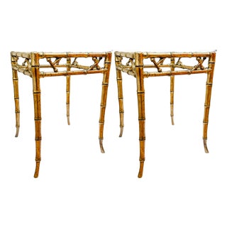 1960s Mid-Century Gilt Faux Bamboo Side Tables With Glass Tops, Attributed to Phyllis Morris - A Pair For Sale