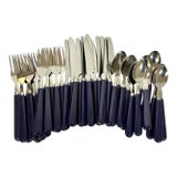 1970s Vintage Contemporary Boho Chic Navy Stainless Steel Flatware - Set of 36, Service for 12. For Sale