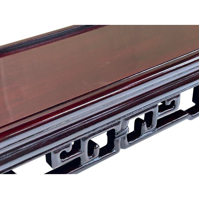 Dark Brown Stained Oriental Geometric Rectangular Display Table Stand For Sale - Image 11 of 12