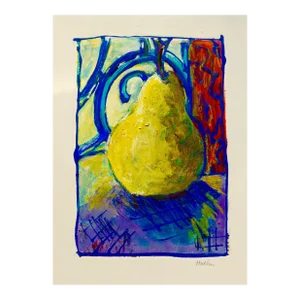 Contemporary "Golden Pear" Mono Print and Pastel by Martha Holden.