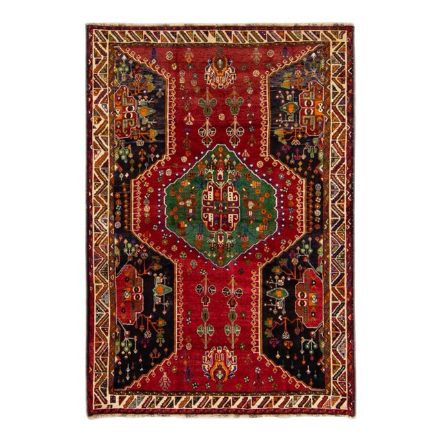 Red and Green Vintage Shiraz Handmade Geometric Designed Wool Rug For Sale