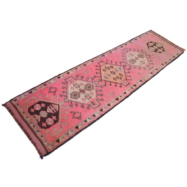 1950s Pink Kurdish Runner Rug. Hand-Knotted Tribal Turkish Runner - 3′3″ × 12′ For Sale - Image 5 of 15