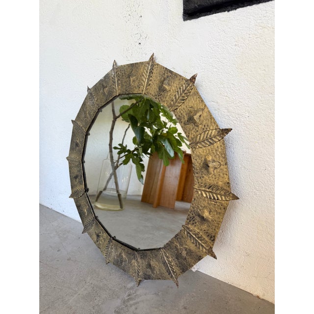 Brutalist Round Hammered Gold-Tone Metal Mirror, 1950s For Sale - Image 13 of 18