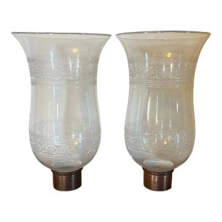 Antique Blown Glass Hurricane Shades for Wall Sconces or Candles With Etched Guilloche Bands - a Pair For Sale