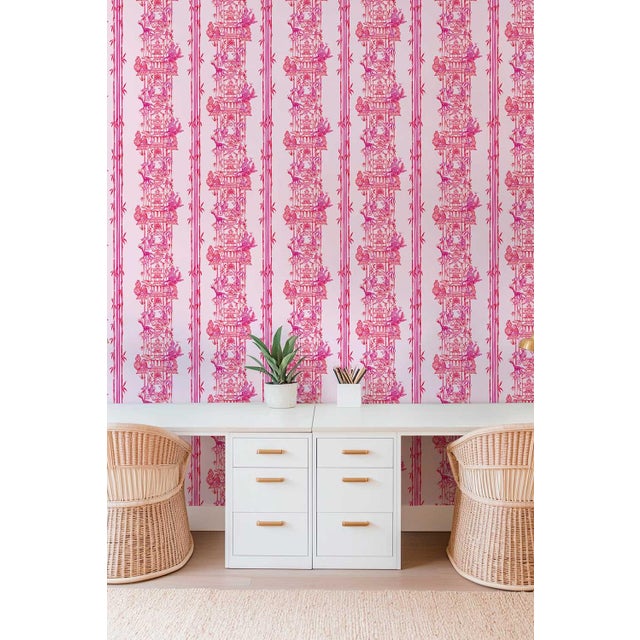 Chinoiserie Shenanigans Toile Grasscloth Wallpaper by House Party | Cherry Blossom Pink | 6 Yards For Sale - Image 4 of 9