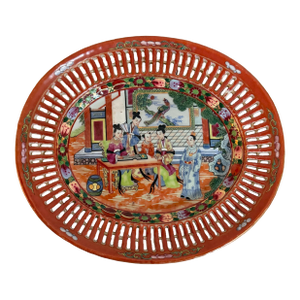 Rare Vintage Reticulated Pierced Chinese Famille Rose Oval Plate 9"x8" With Court Scene
