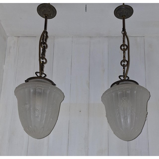 Antique Ceiling Lamps on Patinated Brass Mounts and Frosted, Teardrop-Shaped Glass Shades, 1900s, Set of 2 For Sale - Image 6 of 9