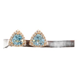 1.6Ct Sky Blue Topaz Stud Earrings With Diamond Halo: Solid 14k Gold, Trillion, Pair For Sale