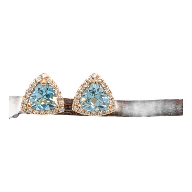 1.6Ct Sky Blue Topaz Stud Earrings With Diamond Halo: Solid 14k Gold, Trillion, Pair For Sale