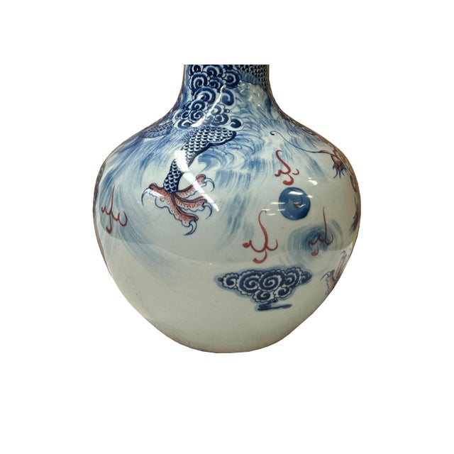 Blue Oriental Blue Red Dragon Graphic Fat Body White Porcelain Art Vase For Sale - Image 8 of 17