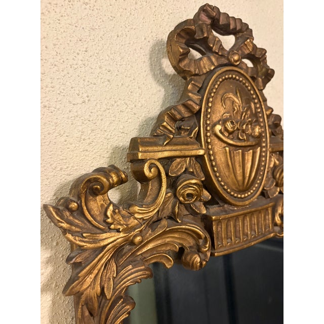 Vintage French Louis XVI Style Giltwood Trumeau Mirror With Ribbon Crown & Floral Basket For Sale - Image 4 of 6