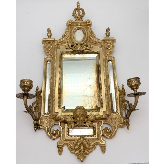 Antique French Renaissance Revival Cast Brass Girandole Sconce Mirrors - A Pair For Sale - Image 4 of 16