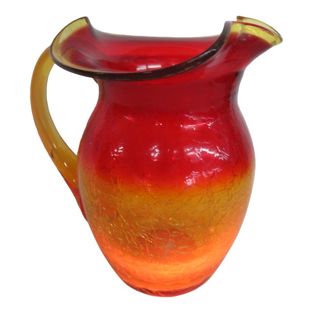 Mid 20th Century Mid Century Modern Hand Blown Crackle Glass Amberina Handled Pitcher Jug Creamer 5082c For Sale