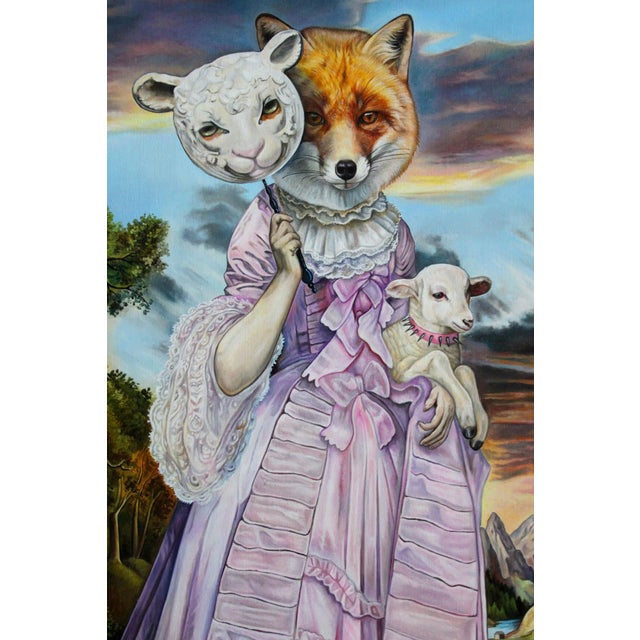 Early 21st Century The Unknown Maiden by Claudia Griesbach-Martucci | Oil on board Woman in a dress with animal masks and a lamb. For Sale - Image 5 of 5