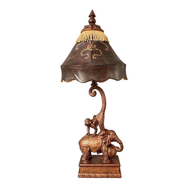 Hollywood Regency Maitland Smith Elephant & Monkey Figural Lamp With Faux Tooled Leather Shade For Sale
