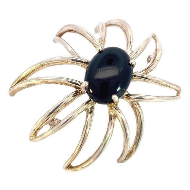 1990s Tiffany & Co Estate Large Onyx Flower Brooch Sterling Silver For Sale
