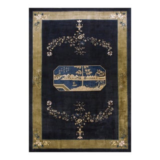 1920s Navy Blue Antique Chinese Painterly Peking Knotted Large Oversized Big Rug For Sale