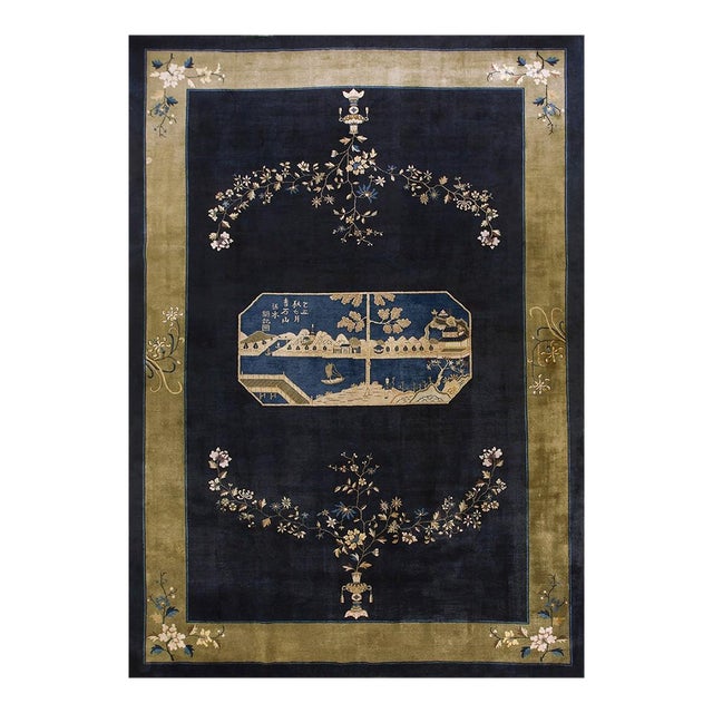 1920s Navy Blue Antique Chinese Painterly Peking Knotted Large Oversized Big Rug For Sale
