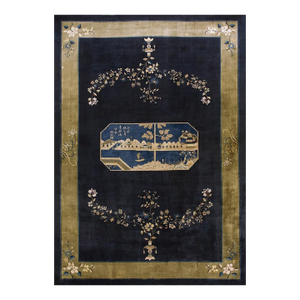 1920s Navy Blue Antique Chinese Painterly Peking Knotted Large Oversized Big Rug
