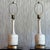 Perfect combination of aged brass details and white crackled finish on these MidCentury table lamps. Height to finial top...