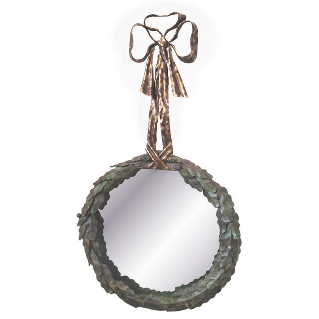 LaBarge Italian Patinated Tole Wreath Bow Metal Wall Mirror For Sale - Image 10 of 10