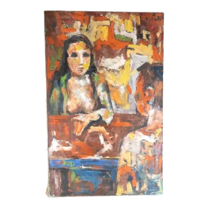 Mid Century Colorful Figurative Abstract Oil on Canvas Painting