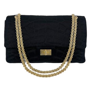 Mid 20th Century Chanel Black Satin Coco Croc Quilted 227 Reissue 2.55 Double Flap Classic For Sale