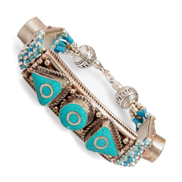 Contemporary Nepal Design Turquoise & Silver Bohemian Bracelet For Sale - Image 3 of 6