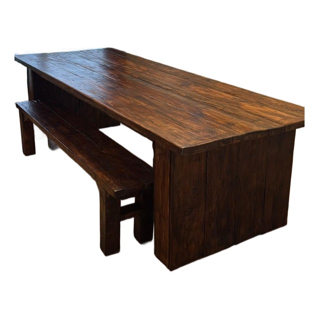 Rustic Modern Solid Wood Dining Table & Bench For Sale