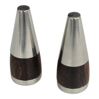 Stainless Steel on Rosewood Modernist Salt and Pepper Shakers Marked Denmark - A Pair For Sale