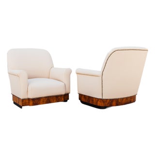 Vintage Italian Art Deco Club Chairs in Walnut Burl and Edelman Leather For Sale