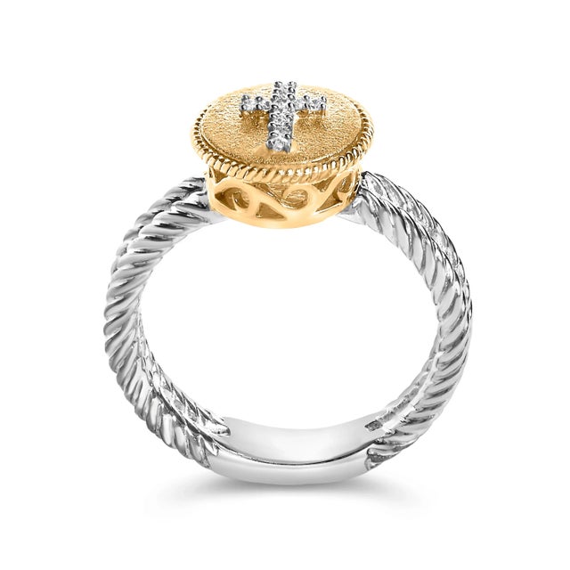 Early 21st Century 18K Yellow Gold Plated .925 Sterling Silver Diamond Cross Ring with Satin Finish (I-J Color, SI1-SI2 Clarity) - Ring Size 6 For Sale - Image 5 of 7