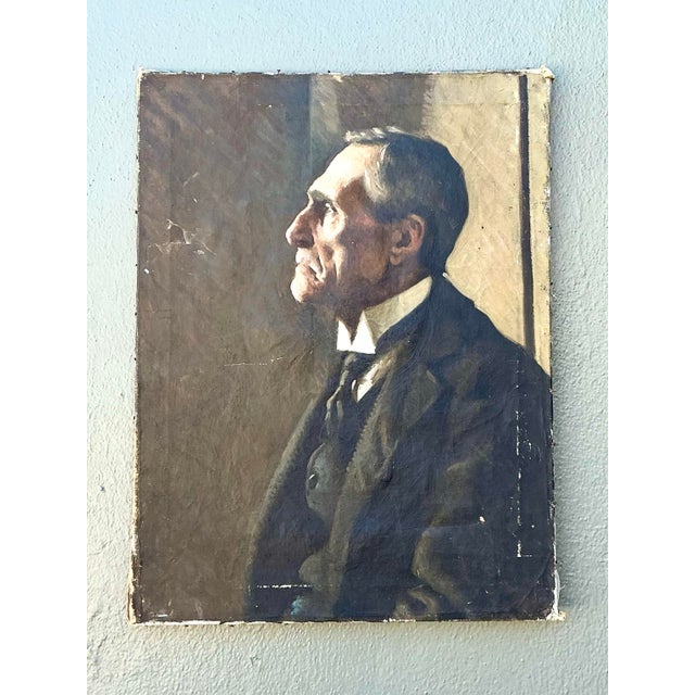Black Vintage Original Oil Portrait of Man For Sale - Image 8 of 12